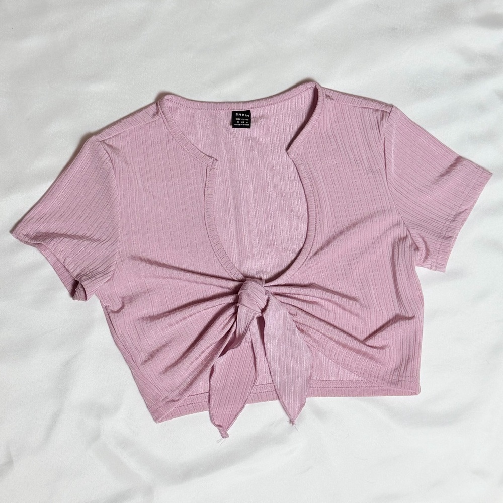 SHEIN Pink Ribbed Faux Tie Front Crop Top Short Sleeve Size M